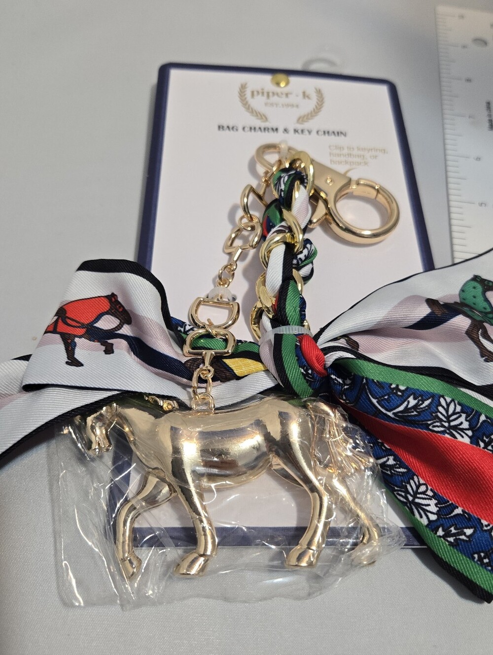 piper-k Gold Horse Bag Charm with Multi-Color Scarf Accent - Picture 4 of 6